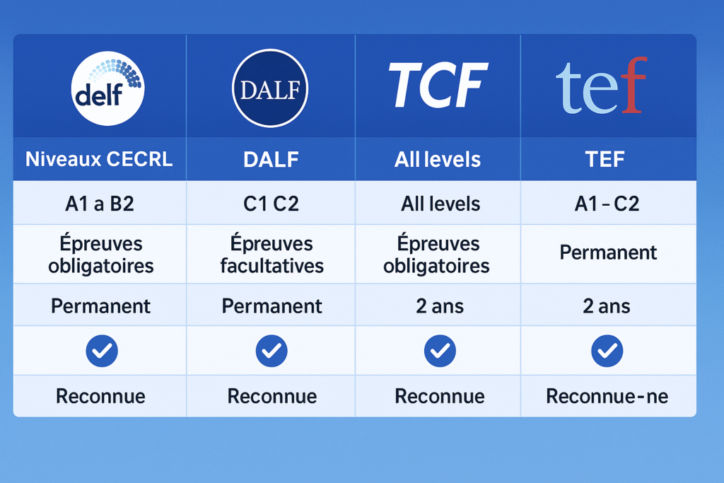 Tableau comparatif des tests de français : DELF, TCF, TEF, test en ligne – objectifs, validité, reconnaissance officielle