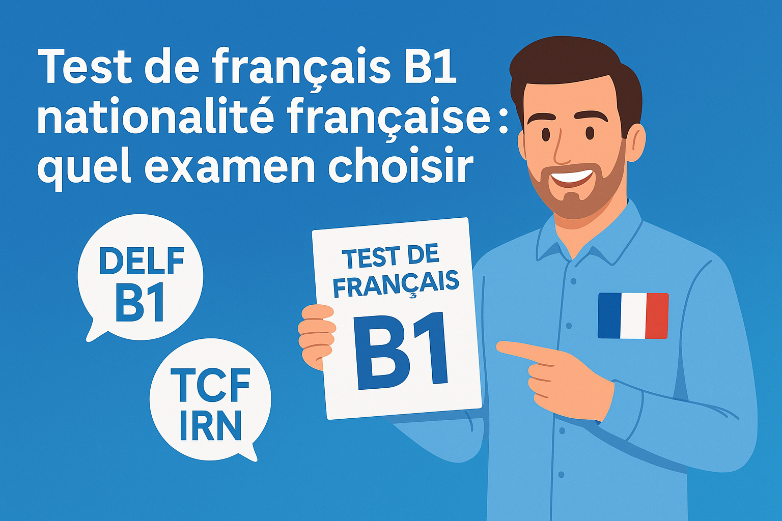 Préparez le test de français B1 (TCF, DELF, TEF) pour la nationalité française. Format, durée, inscription rapide et certificat officiel reconnu.